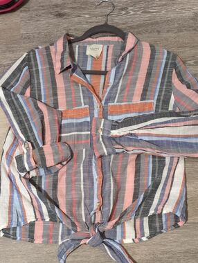 Women's Striped Tie-Front Button-Up Shirt in Coral, Blue & Gray